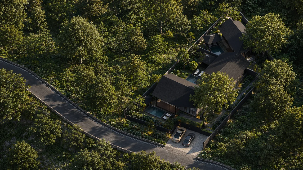 Aerial view of the terrātamo villas set into the South Lombok hillside